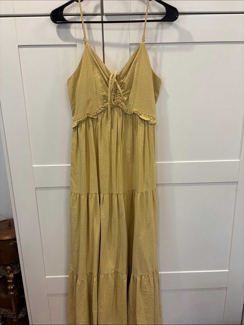 Carly Jean Los Angeles Mustard Tiered Maxi Dress with Spaghetti Straps